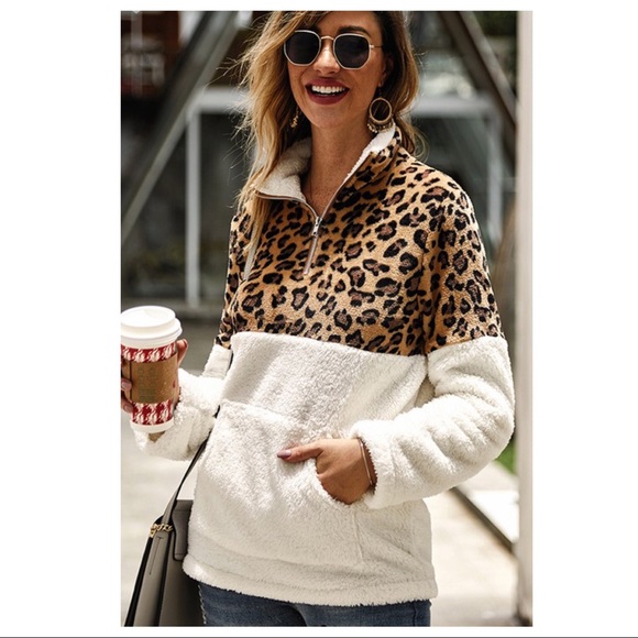 Leopard Sherpa Quarter Zip Teddy Pullover - Picture 8 of 8